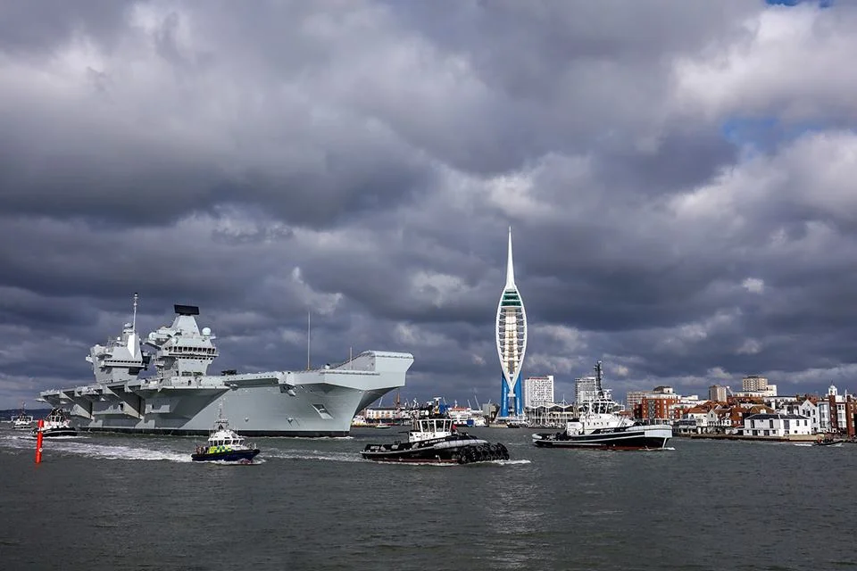 HMS Queen Elizabeth sailing out of Portsmouth