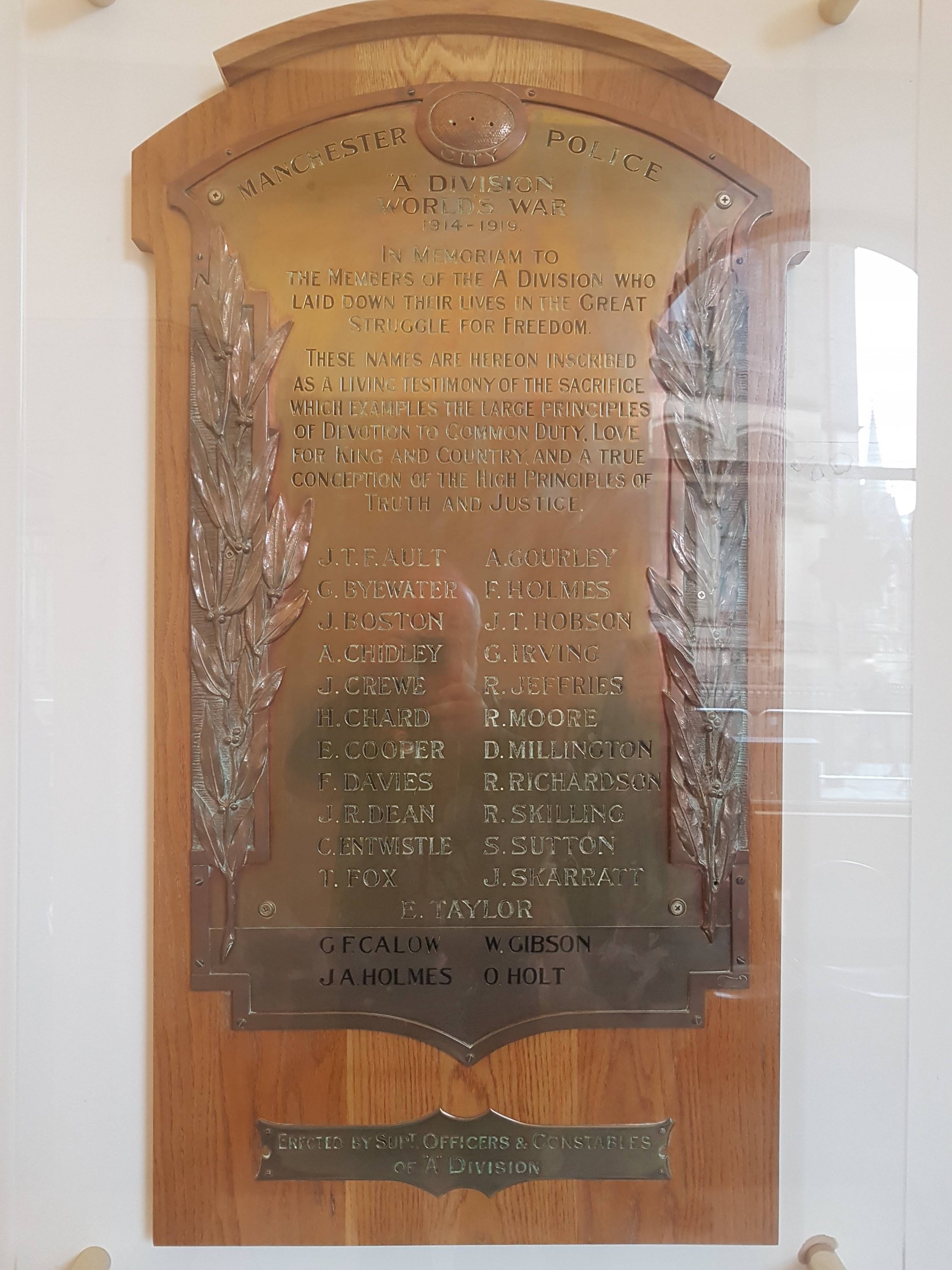 Manchester Police "A" Division memorial plaque