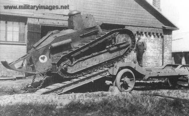 Renault F.T. is being towed from the trailer