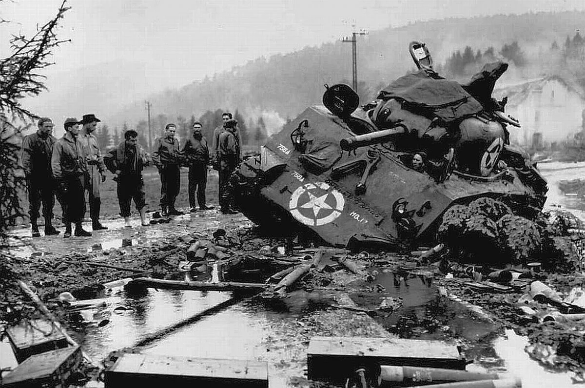 Sherman tank tipped over