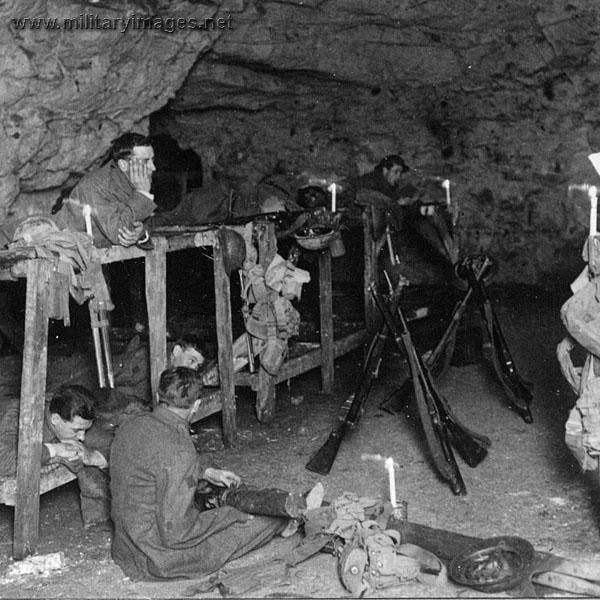 Troops resting in caves after a battle