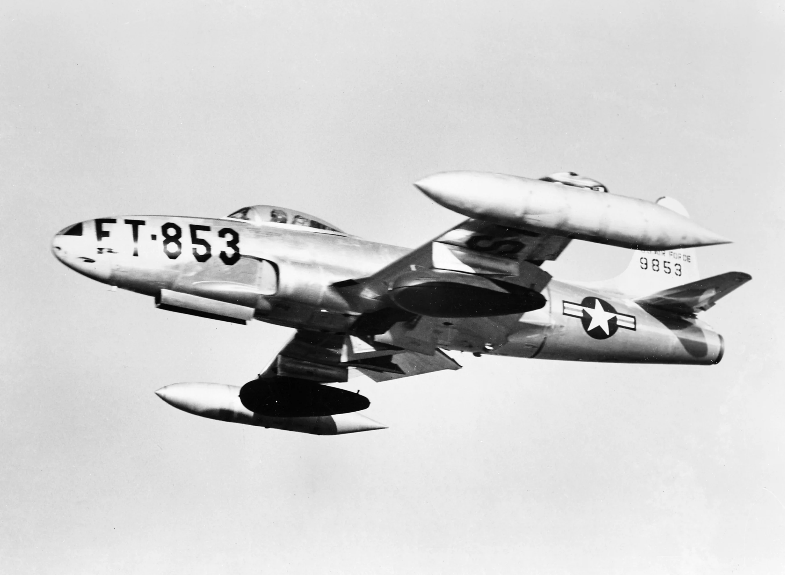 USAF Lockheed F-80C-10-LO Shooting Star S/N 49-853 armed with napalm bombs takes off from a Korean air field.