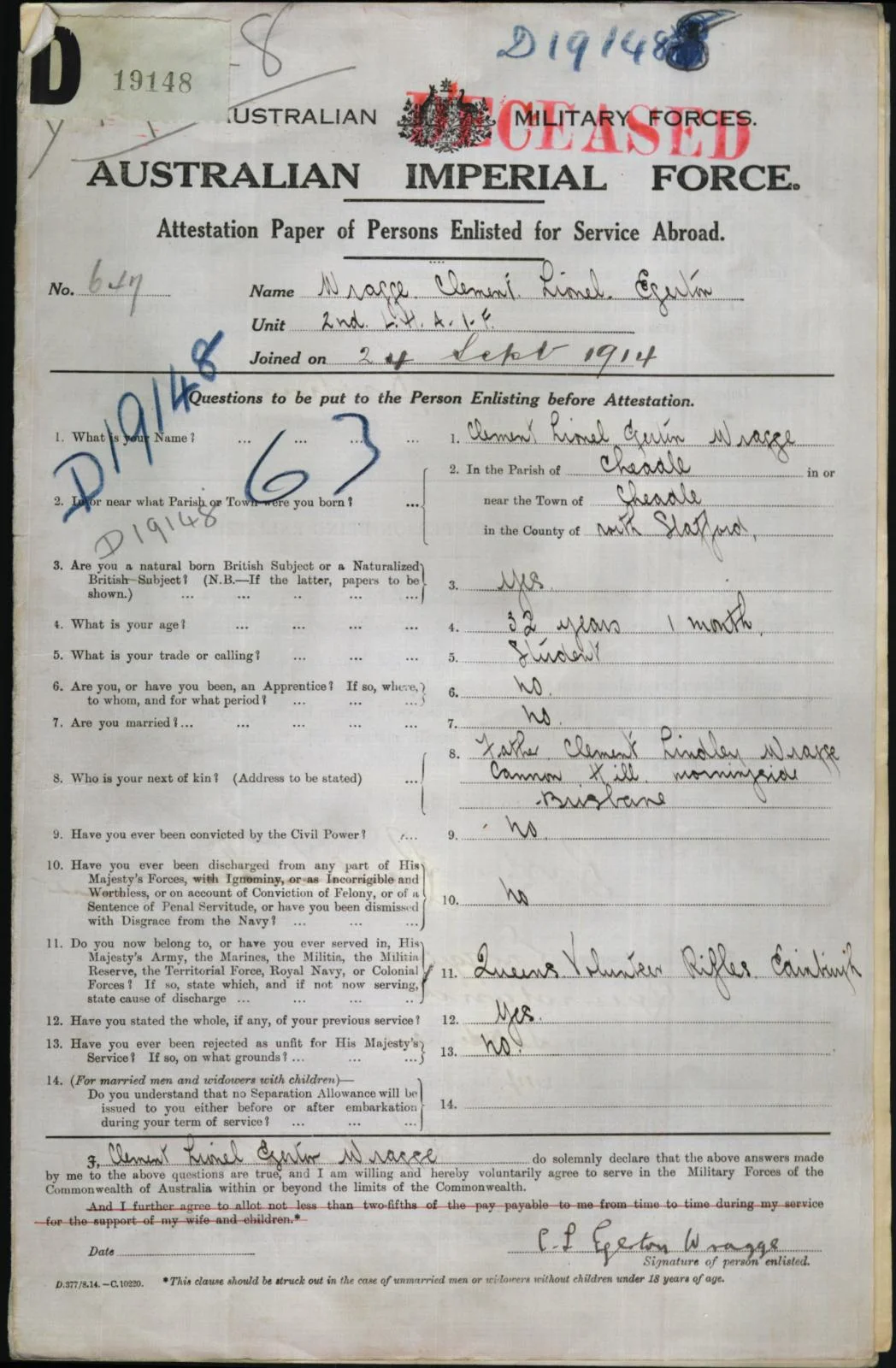 Wragge Cover Sheet Of Army Record